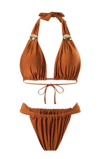 new sexy solid color patchwork padded lace-up halterneck bikinis