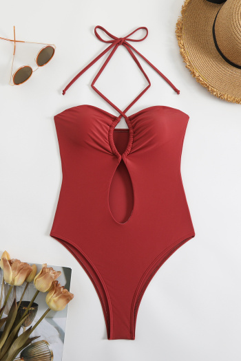 sexy patchwork 5-color padded lace-up halterneck one-piece swimsuit