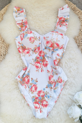 sexy retro floral printing padded underwire ruffle sling one-piece swimsuit
