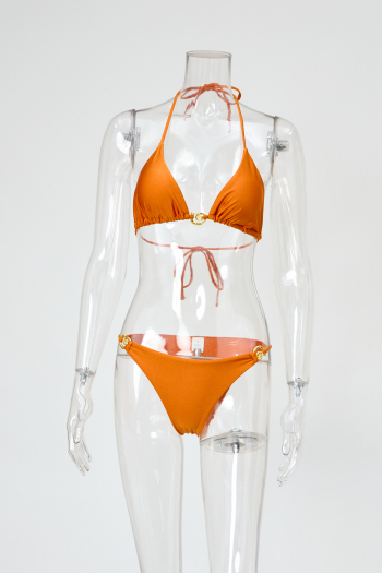 sexy 4 colors padded metal decor halter-neck lace-up triangle bikini set