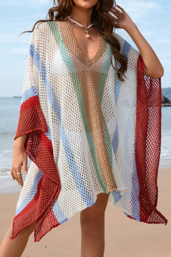 sexy slight stretch knitted contrast color stripe loose beach cover-up