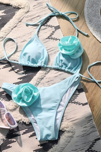 sexy chic pure color 3d flower decor padded halter-neck triangle bikini set