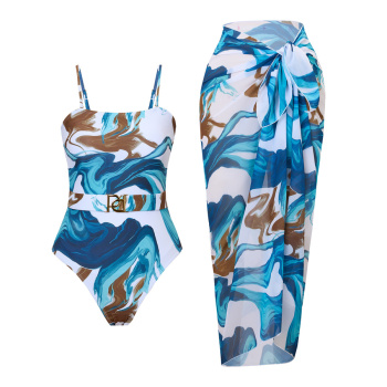 stylish contrast color padded one-piece swimsuit & chiffon one size skirt sets