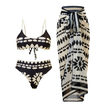 new geometric printing padded three-piece swimsuit with chiffon one size skirt