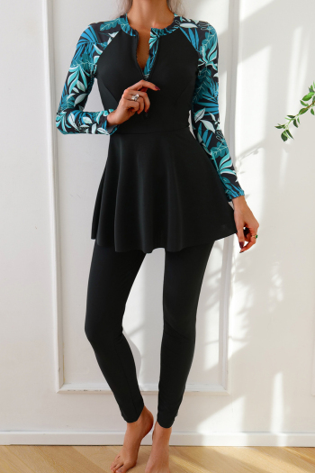 muslim style plus-size leaves printing padded long sleeve zip-up two-piece burkini #3
