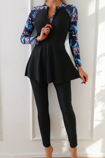 muslim style plus-size leaves printing padded long sleeve zip-up two-piece burkini #4