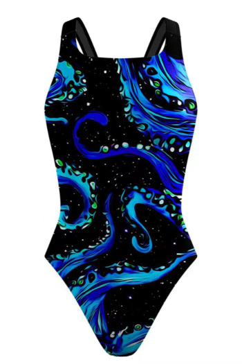 stylish patchwork tentacles printing padded hollow one-piece swimsuit