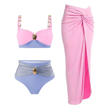 stylish patchwork contrast color padded high-waist three-piece swimsuit