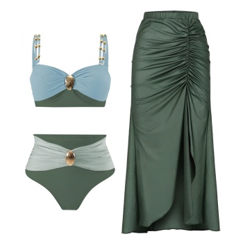 s-xl stylish patchwork contrast color padded high-waist three-piece swimsuit