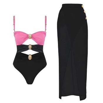 s-xl new stylish contrast color padded one-piece swimsuit mesh cover-up sets