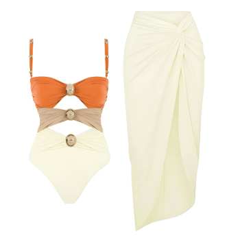 stylish contrast color padded suspender one-piece swimsuit cover-up sets