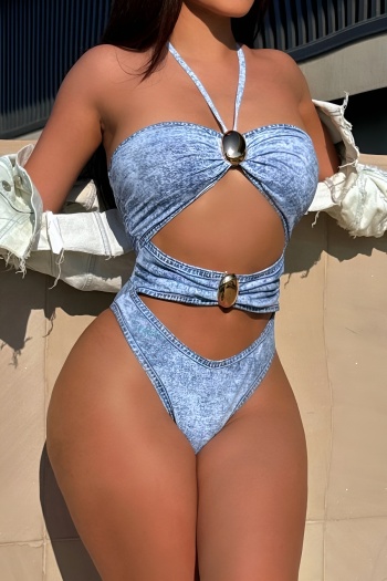 sexy fake denim fabric padded halter-neck lace-up hollow out one-piece swimsuit
