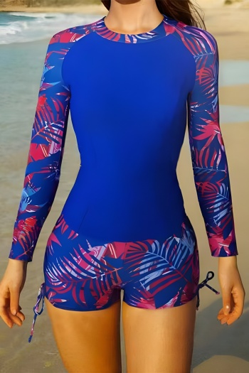 new plus-size patchwork leaves printing padded long sleeve drawstring tankini sets