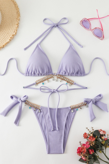 sexy patchwork padded rhinestone embellishment lace-up halterneck bikini sets