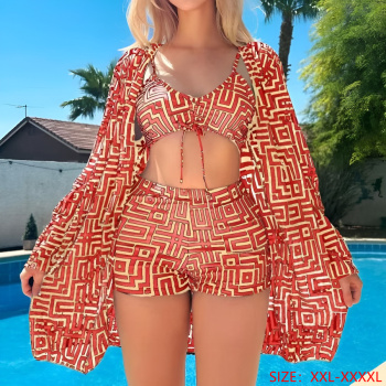 new plus-size patchwork 6-color geometric printing padded three-piece swimsuit