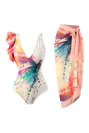 stylish doodle printing padded one-piece swimsuit & chiffon one size skirts sets