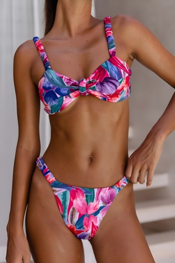sexy contrast patchwork flowers printing padded suspender bikini sets