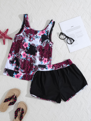 Stylish flower printing padded high waist tankini set