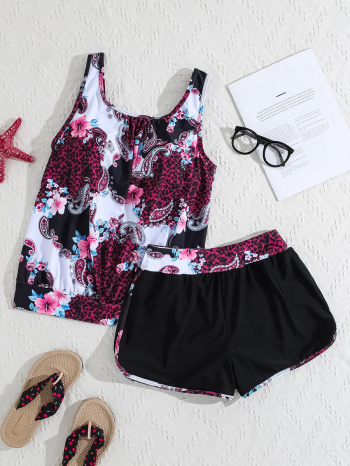 Stylish flower printing padded high waist tankini set