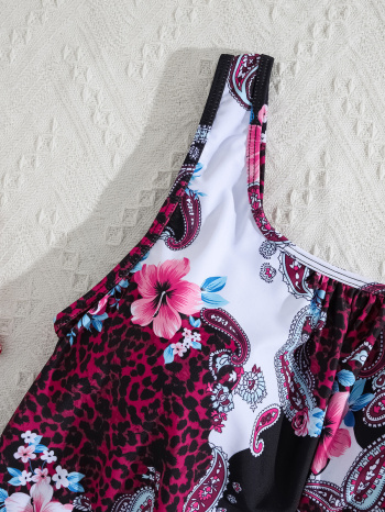 Stylish flower printing padded high waist tankini set