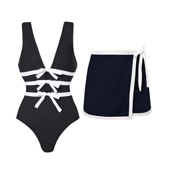 stylish patchwork bow padded one-piece swimsuit & one size lace-up skirts sets