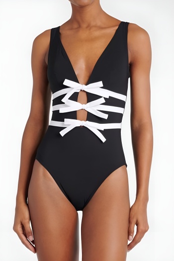 stylish contrast color patchwork bow padded one-piece swimsuit