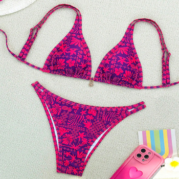 sexy patchwork botanical printing contrast color padded lace-up bikini sets