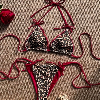 sexy contrast color leopard printing padded lace-up halterneck bikini sets