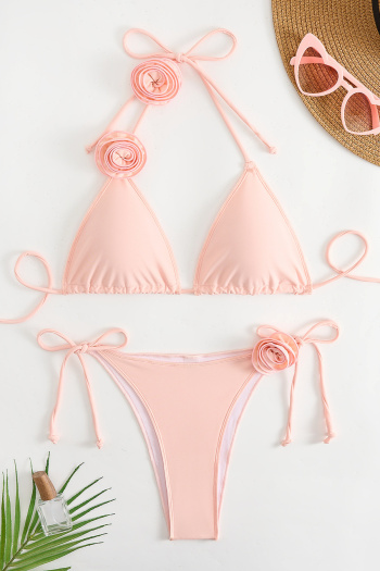 sexy contrast color 3d flowers padded lace-up bikini sets