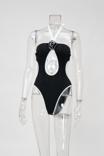 sexy contrast patchwork 3d flower padded hollow halterneck one-piece swimsuit