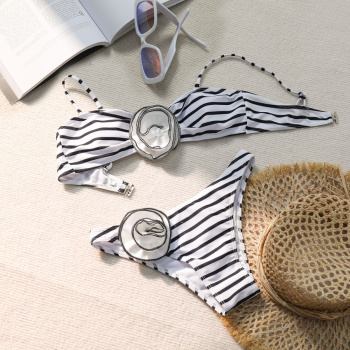 new patchwork contrast stripe printing 3d flowers padded suspender bikini sets