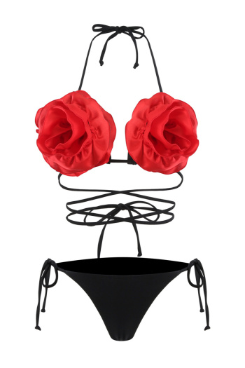 new patchwork 3-color 3d flowers padded lace-up halterneck bikini sets