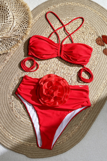 stylish patchwork 3-color 3d flowers padded lace-up tankini sets