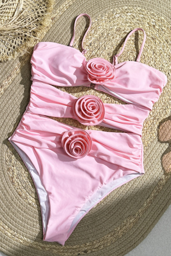 stylish patchwork 3-color 3d flowers padded hollow suspender one-piece swimsuit