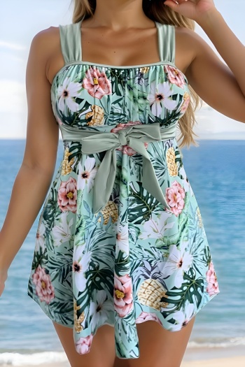 stylish plus size floral pineapple printing padded dress style tankini set