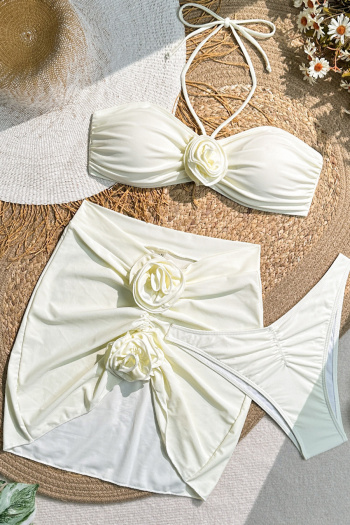 stylish solid color 3d flowers padded lace-up halterneck three-piece swimsuit