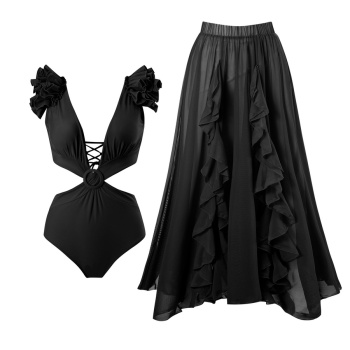 new patchwork black padded one-piece swimsuit & mesh one size skirts sets