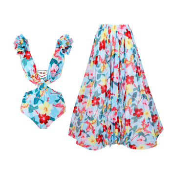 new flowers printing padded one-piece swimsuit & mesh one size skirts sets