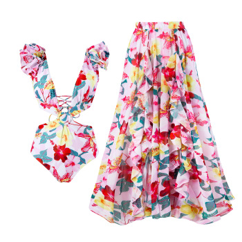 stylish flowers printing padded one-piece swimsuit & mesh one size skirts sets