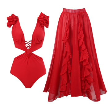 s-l stylish patchwork red padded one-piece swimsuit & mesh one size skirts sets