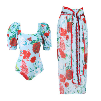 stylish flowers printing padded one-piece swimsuit & chiffon one size skirt sets