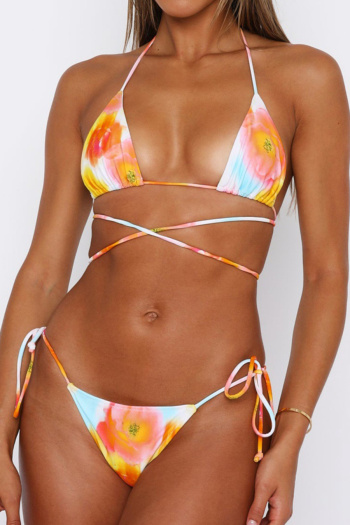sexy patchwork flowers printing padded lace-up halterneck triangle bikini sets