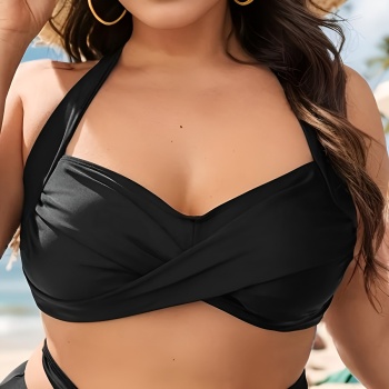 new plus-size patchwork black lace-up halterneck bikini tops