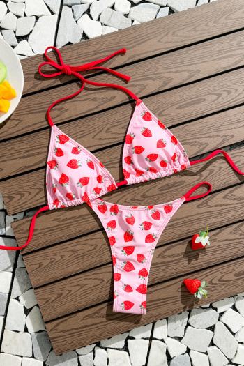 sexy contrast strawberry printing padded lace-up halterneck triangle bikini sets