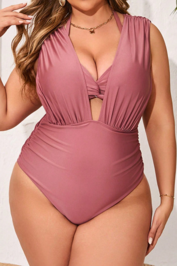 stylish plus-size patchwork solid color padded lace-up tankini sets