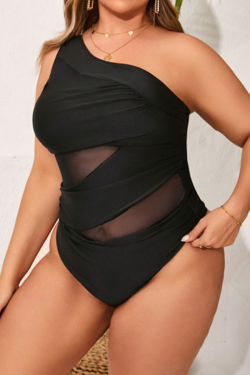 new black plus-size patchwork mesh padded single shoulder one-piece swimsuit