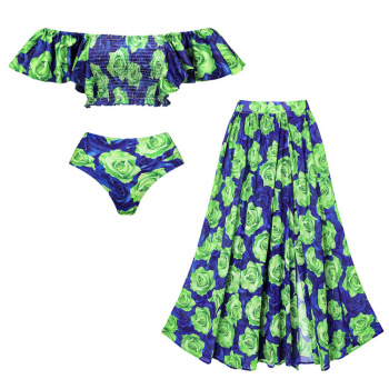 stylish flowers printing padded tankini sets with mesh one size skirt