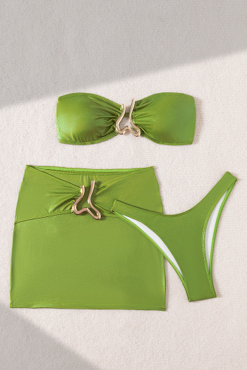 sexy trend metal decor pure color padded bandeau three-piece swimsuit