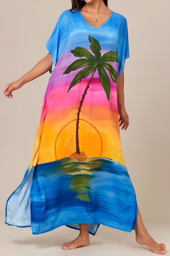 stylish coconut tree printing v-neck beach loose cover-up maxi robe#5#