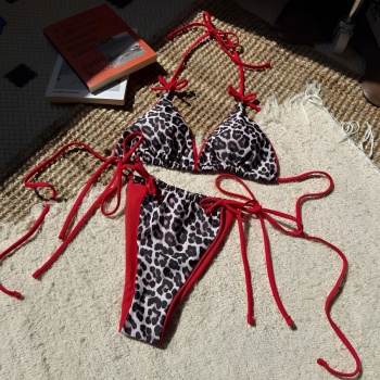 sexy leopard printing padded bow halter-neck triangle bikini set